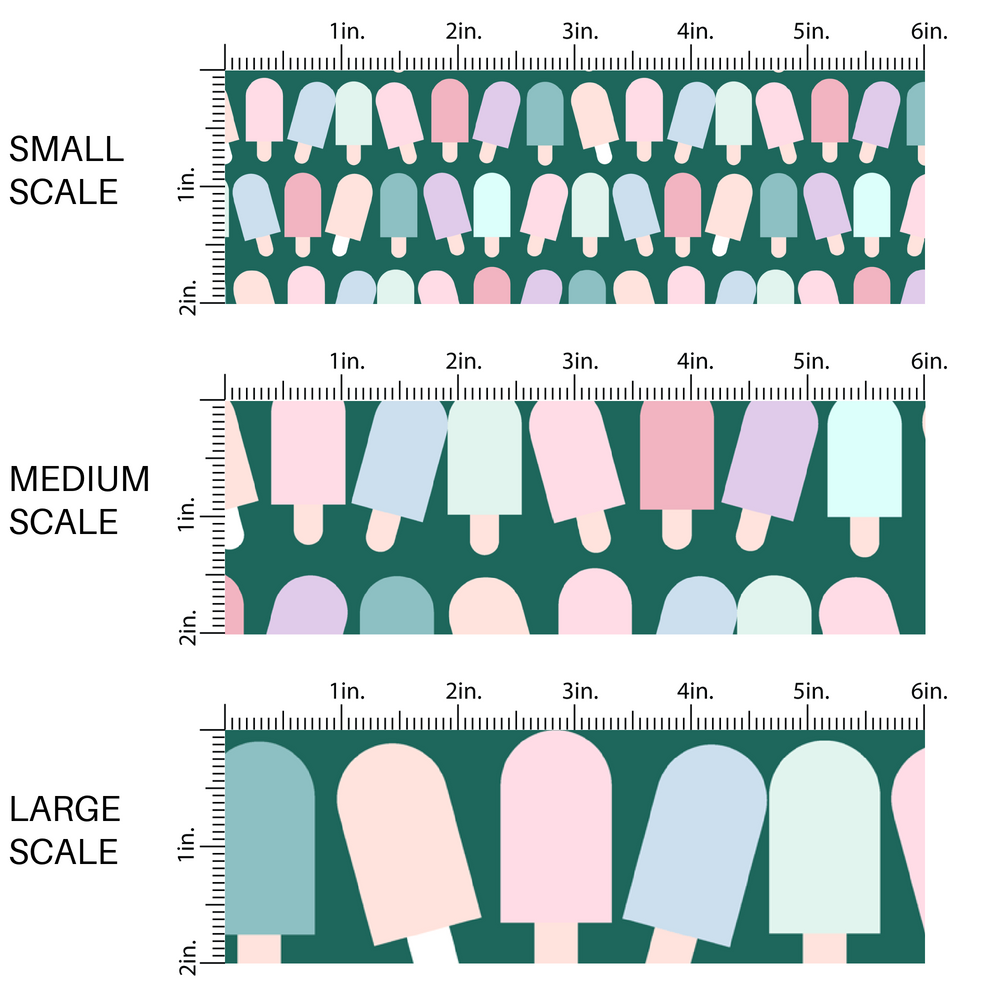 This small, medium, large scale chart light pink, light purple, light blue, aqua, light yellow popsicles on dark green fabric by the yard.