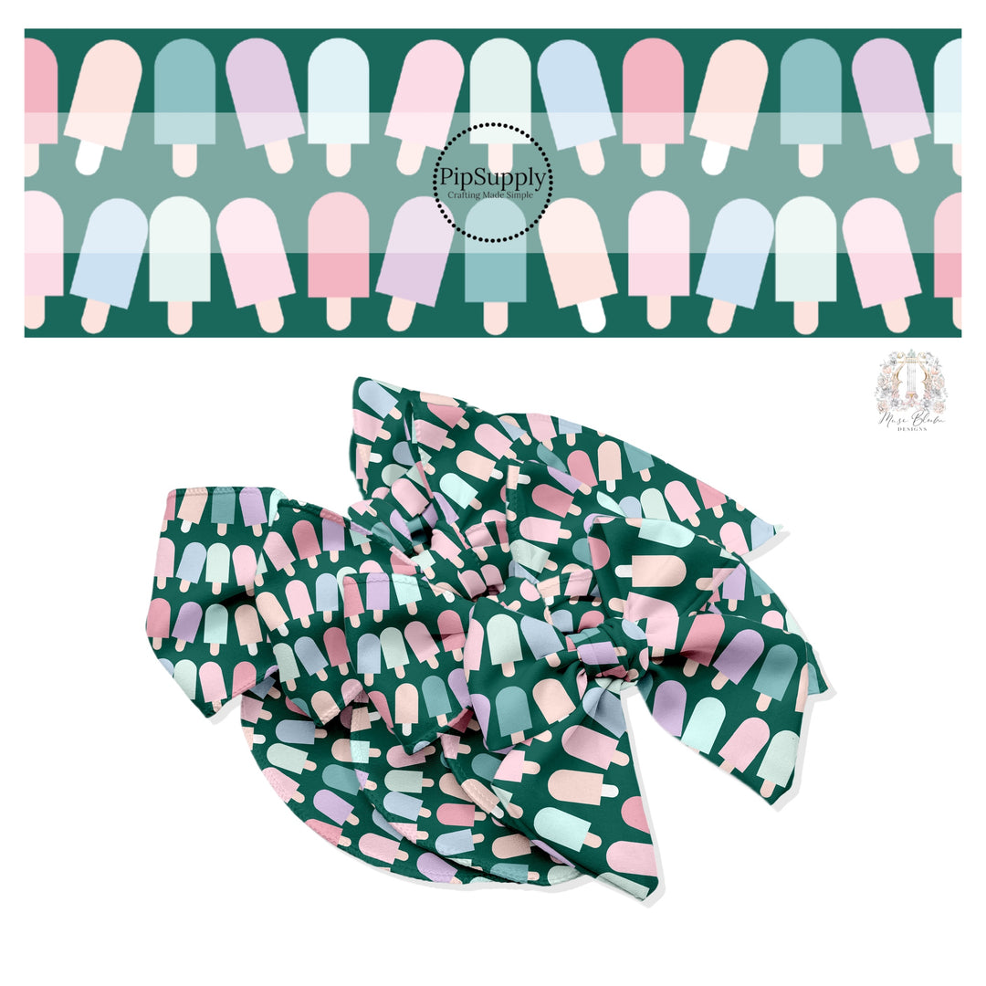 Light pink, light purple, light blue, aqua, light yellow popsicles on dark green hair bow strips. 