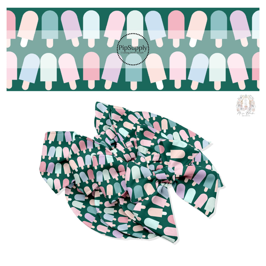 Light pink, light purple, light blue, aqua, light yellow popsicles on dark green hair bow strips. 