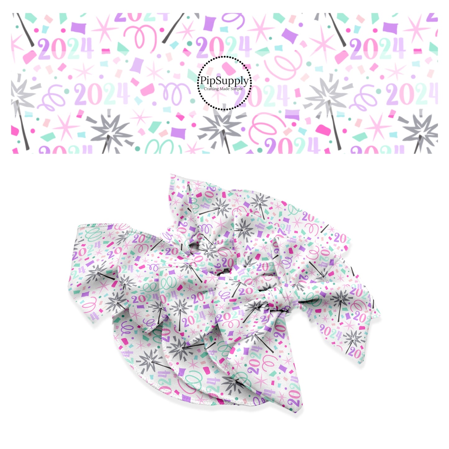 Pastel confetti and 2024 with sparklers on white hair bow strips