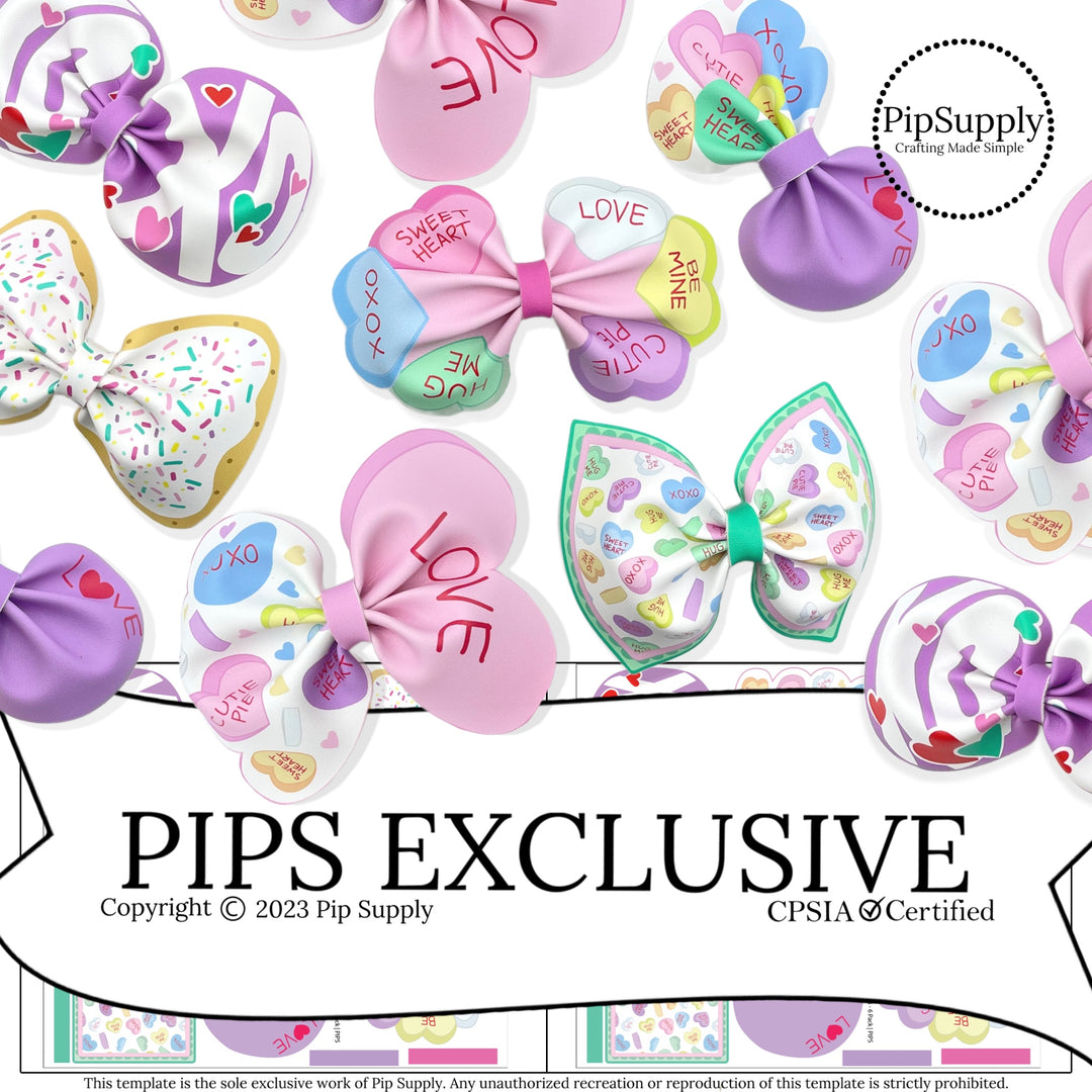 Pastel candy conversation hearts with sprinkled treats faux leather hair bows