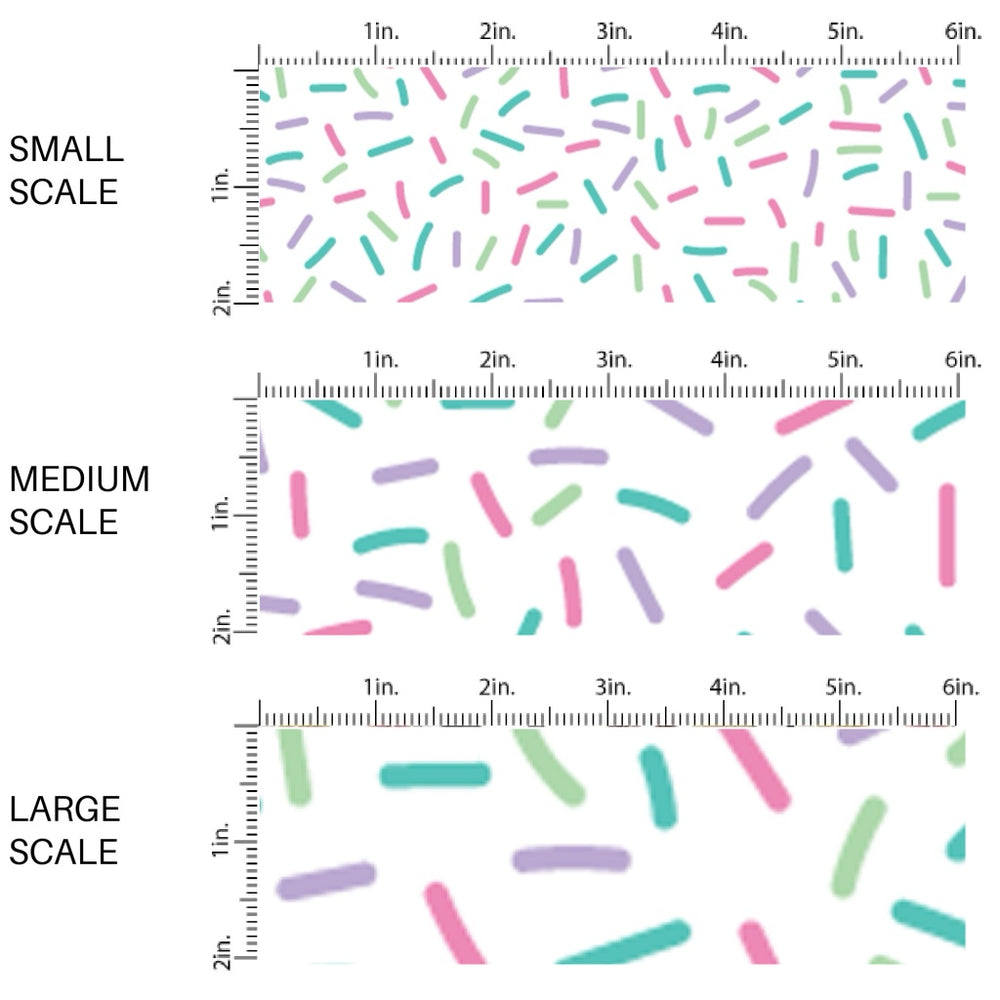 This scale chart of small scale, medium scale, and large scale of this celebration fabric by the yard features ice cream sprinkles. This fun themed fabric can be used for all your sewing and crafting needs!