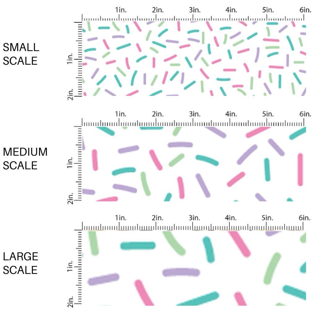 This scale chart of small scale, medium scale, and large scale of this celebration fabric by the yard features ice cream sprinkles. This fun themed fabric can be used for all your sewing and crafting needs!