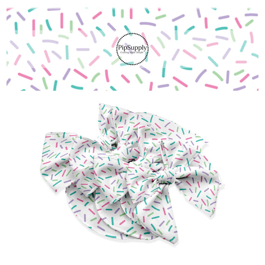 These celebration themed no sew bow strips can be easily tied and attached to a clip for a finished hair bow. These patterned bow strips are great for personal use or to sell. These bow strips feature ice cream sprinkles.
