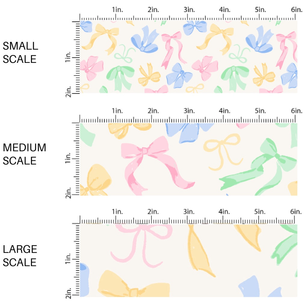 This scale chart of small scale, medium scale, and large scale of this summer fabric by the yard features pastel cutesy bows on cream. This fun themed fabric can be used for all your sewing and crafting needs!