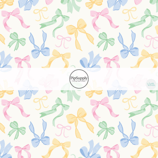 This summer fabric by the yard features pastel cutesy bows on cream. This fun themed fabric can be used for all your sewing and crafting needs!