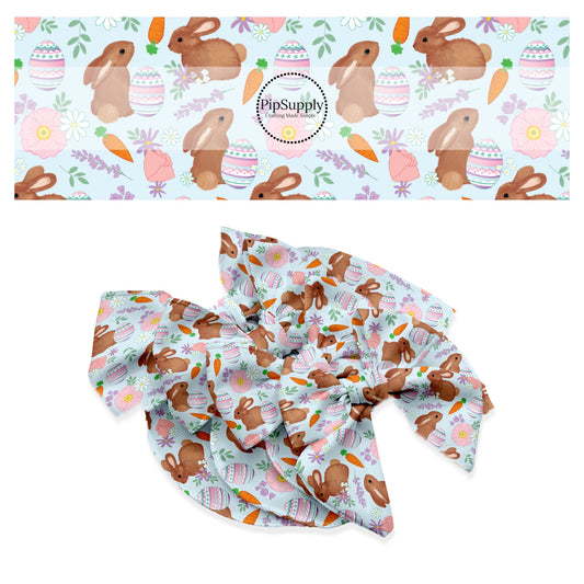 These Easter pattern themed no sew bow strips can be easily tied and attached to a clip for a finished hair bow. These patterned bow strips are great for personal use or to sell. These bow strips features Easter eggs, bunnies, carrots, and flowers on light blue. 