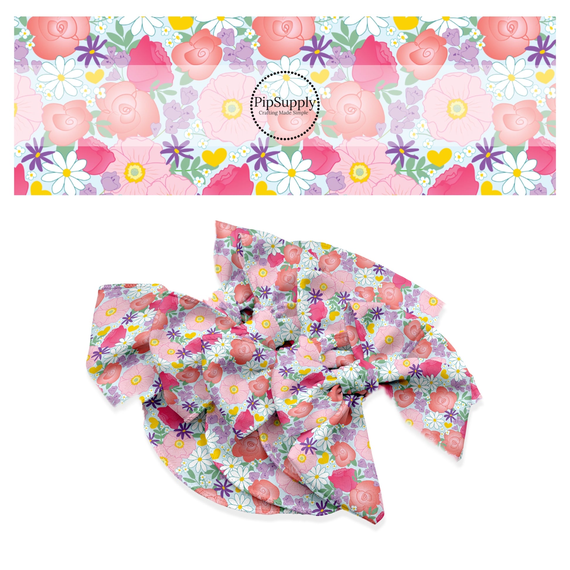 These spring floral pattern themed no sew bow strips can be easily tied and attached to a clip for a finished hair bow. These patterned bow strips are great for personal use or to sell. These bow strips features colorful flowers on light blue. 