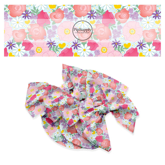 These spring floral pattern themed no sew bow strips can be easily tied and attached to a clip for a finished hair bow. These patterned bow strips are great for personal use or to sell. These bow strips features colorful flowers on light blue. 
