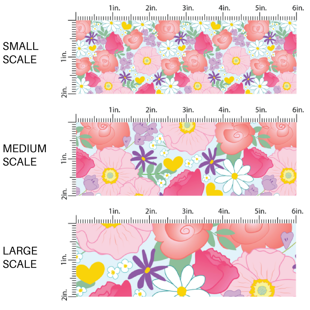 Pink, Purple, Green, and White Spring Florals on Light Blue Fabric by the Yard scaled image guide.