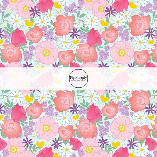 Pink, Purple, Green, and White Spring Florals on Light Blue Fabric by the Yard.