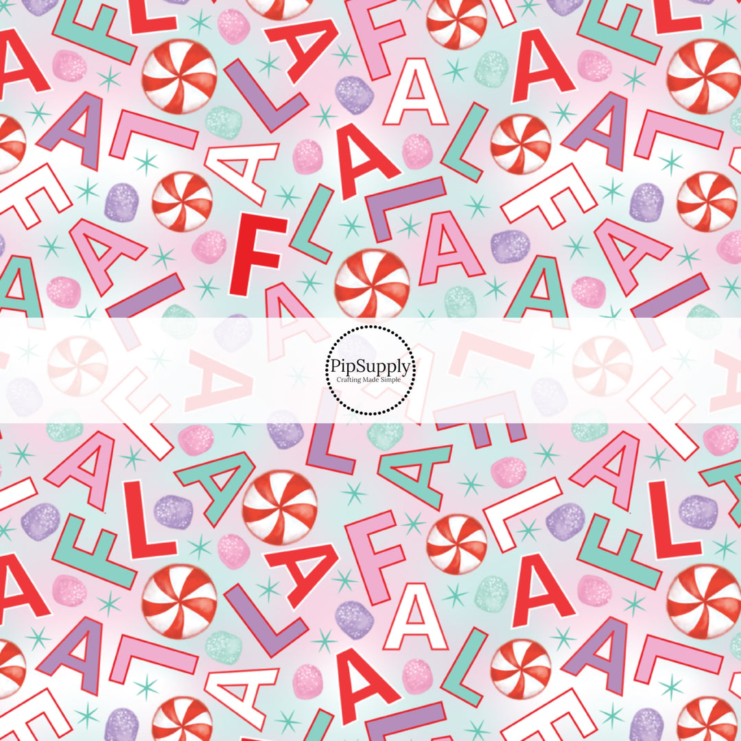 These Christmas themed pattern fabric by the yard features the following design elements: pastel "FA LA LA". This fun themed fabric can be used for all your sewing and crafting needs!