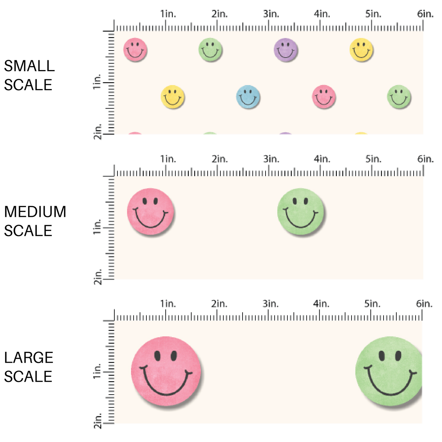 This scale chart of small scale, medium scale, and large scale of these fall happy face themed cream fabric by the yard features pastel blue, purple, green, yellow, and light pink smiley faces on light cream. This fun fall themed fabric can be used for all your sewing and crafting needs! 