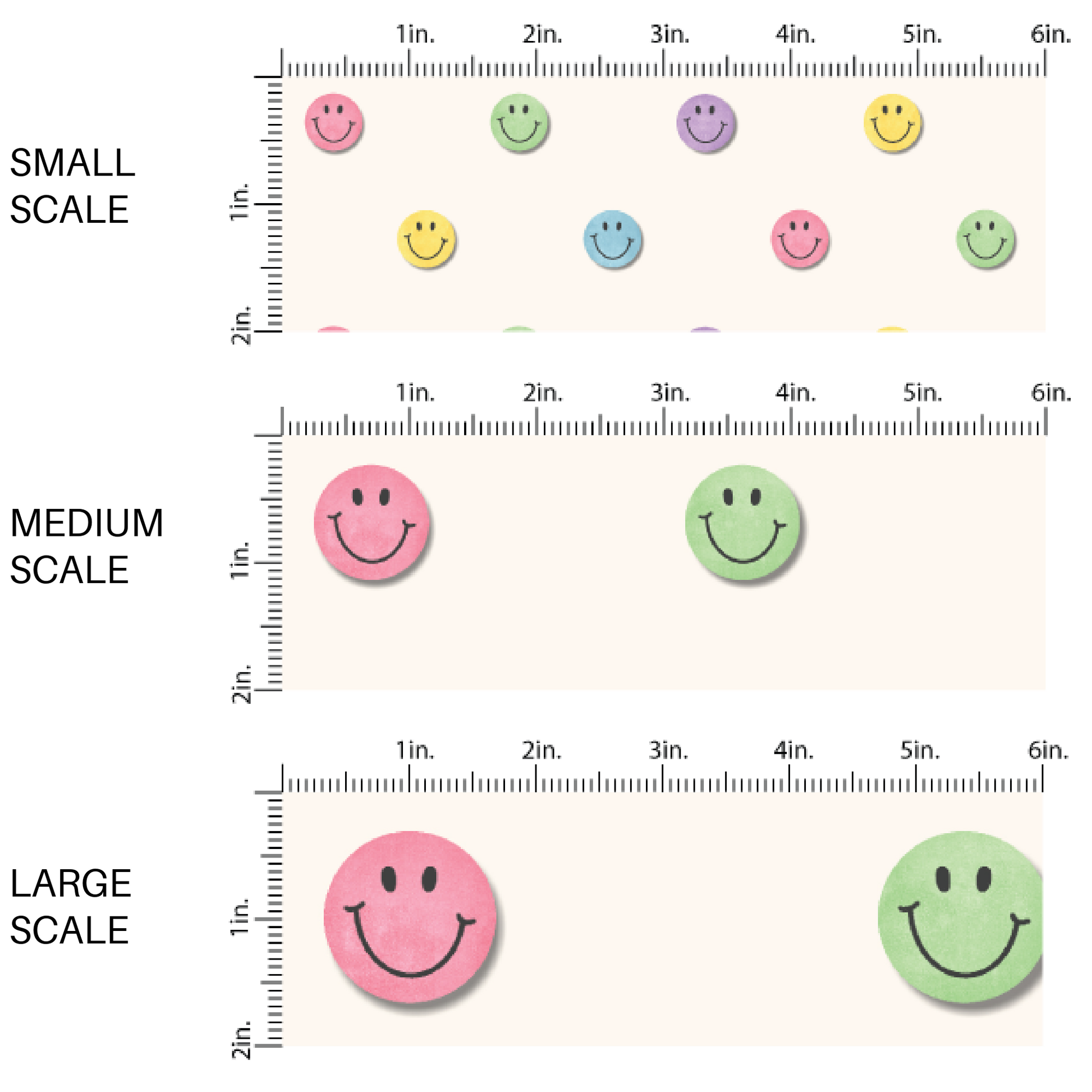 This scale chart of small scale, medium scale, and large scale of these fall happy face themed cream fabric by the yard features pastel blue, purple, green, yellow, and light pink smiley faces on light cream. This fun fall themed fabric can be used for all your sewing and crafting needs! 