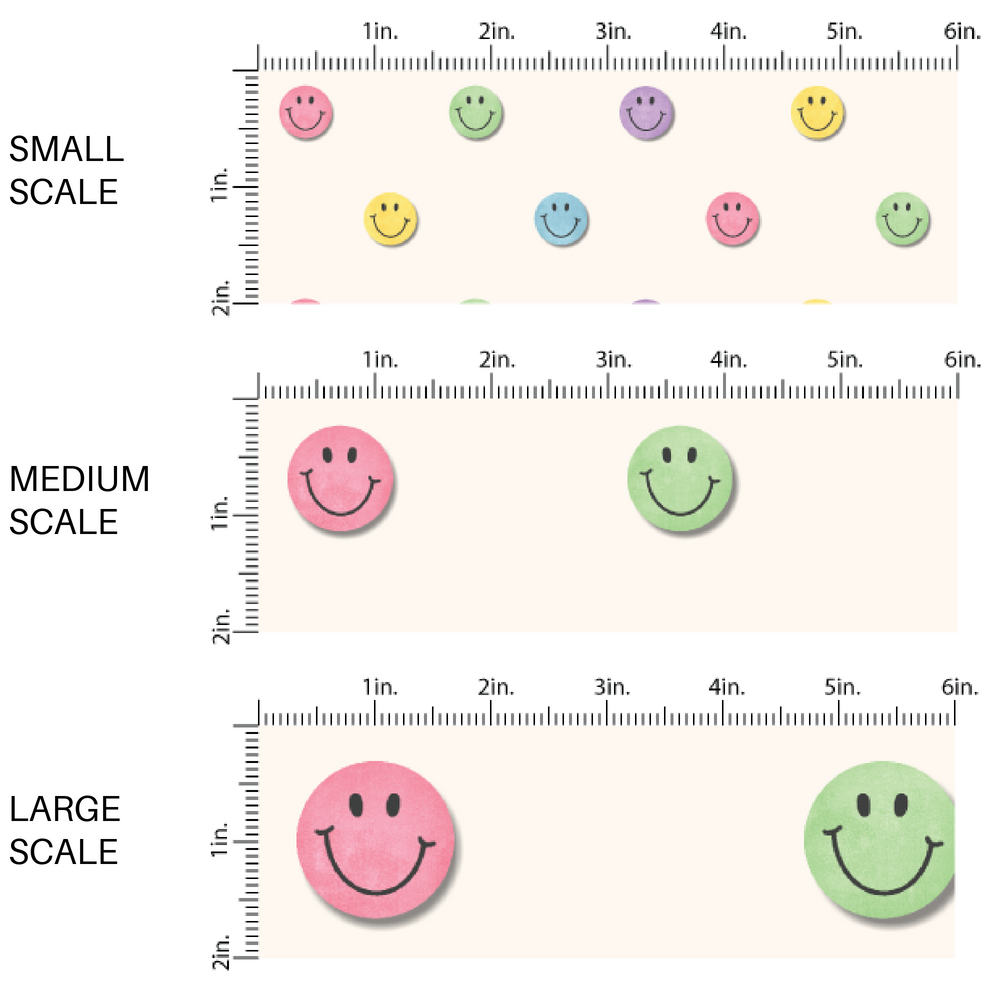 This scale chart of small scale, medium scale, and large scale of these fall happy face themed cream fabric by the yard features pastel blue, purple, green, yellow, and light pink smiley faces on light cream. This fun fall themed fabric can be used for all your sewing and crafting needs! 