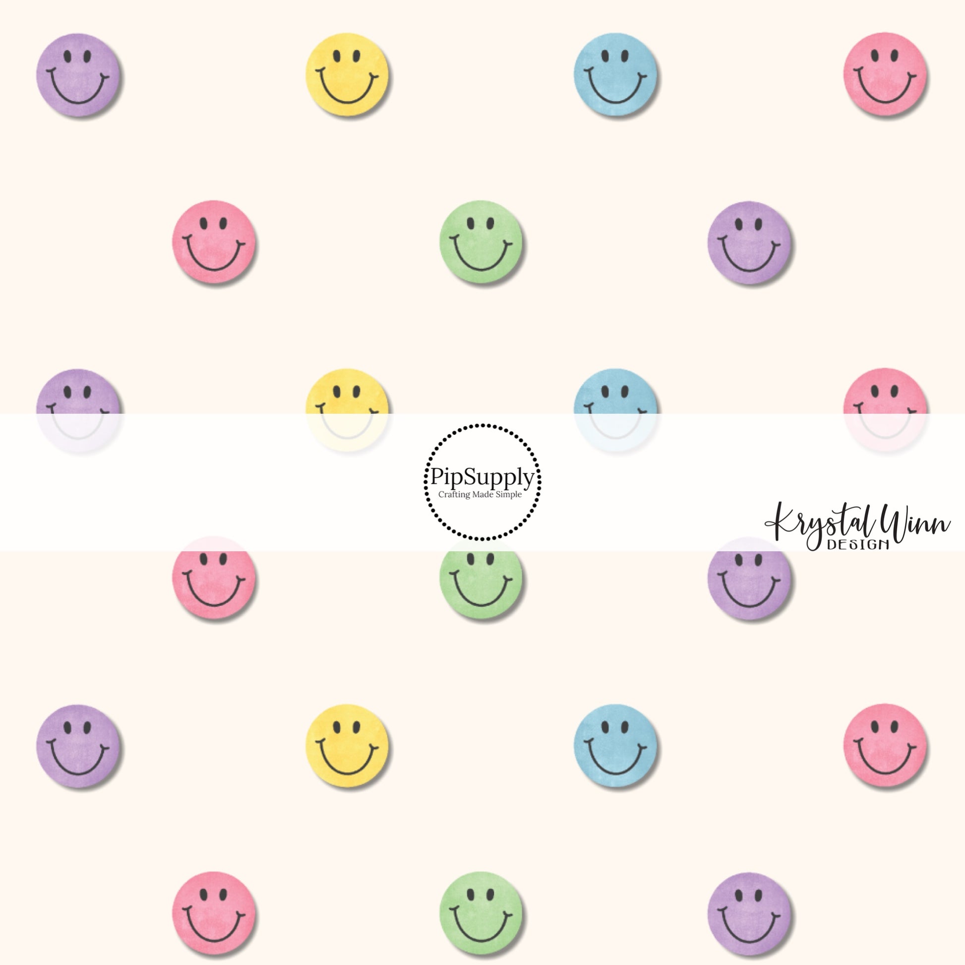 These fall happy face themed cream fabric by the yard features pastel blue, purple, green, yellow, and light pink smiley faces on light cream. This fun fall themed fabric can be used for all your sewing and crafting needs! 