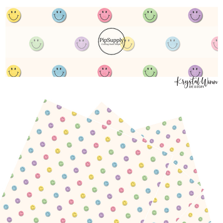 These fall happy face themed cream faux leather sheets contain the following design elements: pastel blue, purple, blue, green, yellow, and light pink smiley faces on light cream. Our CPSIA compliant faux leather sheets or rolls can be used for all types of crafting projects.