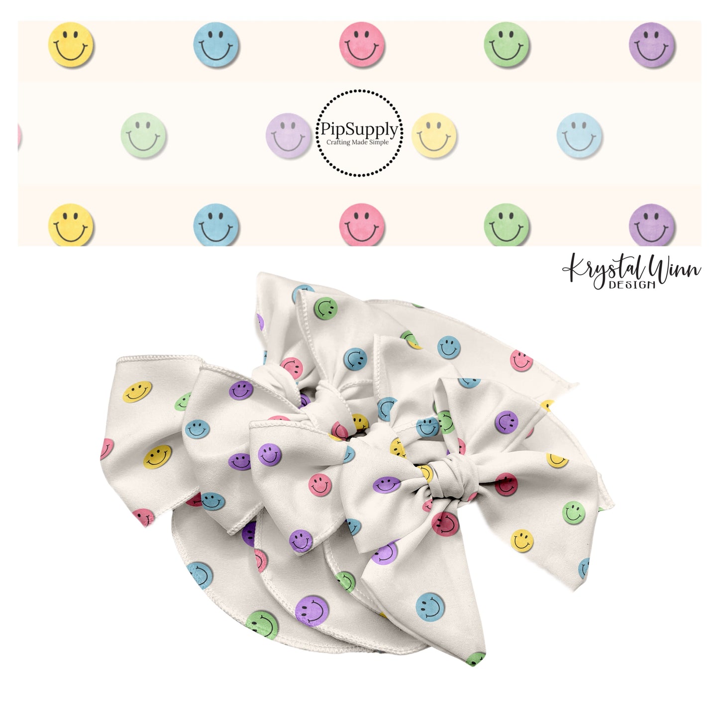 These fall happy face themed cream no sew bow strips can be easily tied and attached to a clip for a finished hair bow. These fun fall bow strips are great for personal use or to sell. The bow strips features pastel blue, purple, green, yellow, and light pink smiley faces on light cream.