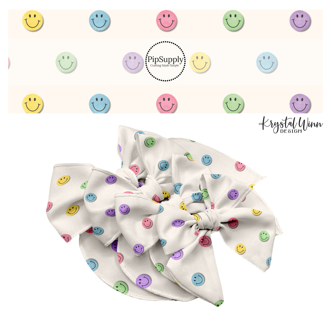 These fall happy face themed cream no sew bow strips can be easily tied and attached to a clip for a finished hair bow. These fun fall bow strips are great for personal use or to sell. The bow strips features pastel blue, purple, green, yellow, and light pink smiley faces on light cream.