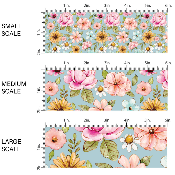 This scale chart of small scale, medium scale, and large scale of these floral themed blue fabric by the yard features light pink, orange, yellow, white and blue watercolor floral flowers on light blue. This fun floral summer themed fabric can be used for all your sewing and crafting needs! 