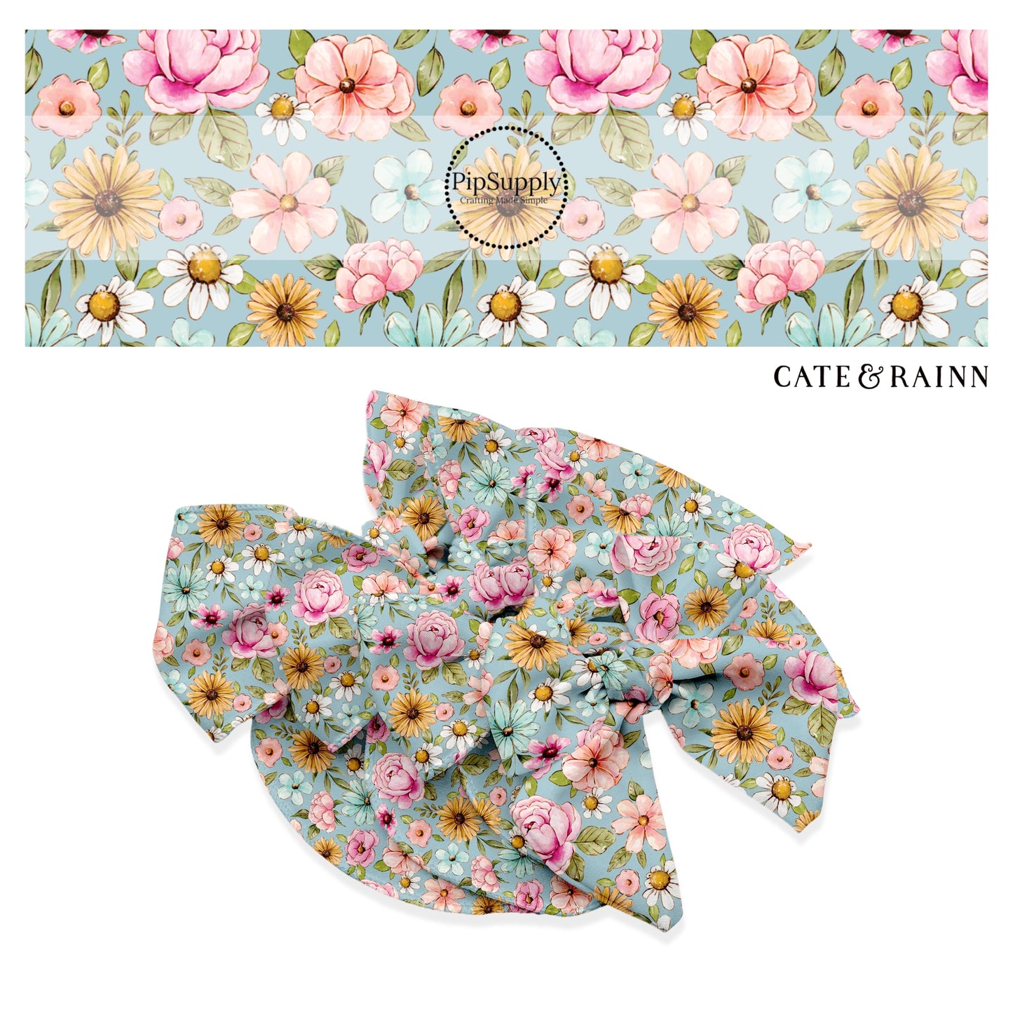 These floral themed blue no sew bow strips can be easily tied and attached to a clip for a finished hair bow. These fun summer floral themed bow strips features light pink, yellow, orange, white, and blue watercolor floral flowers in light blue are great for personal use or to sell.