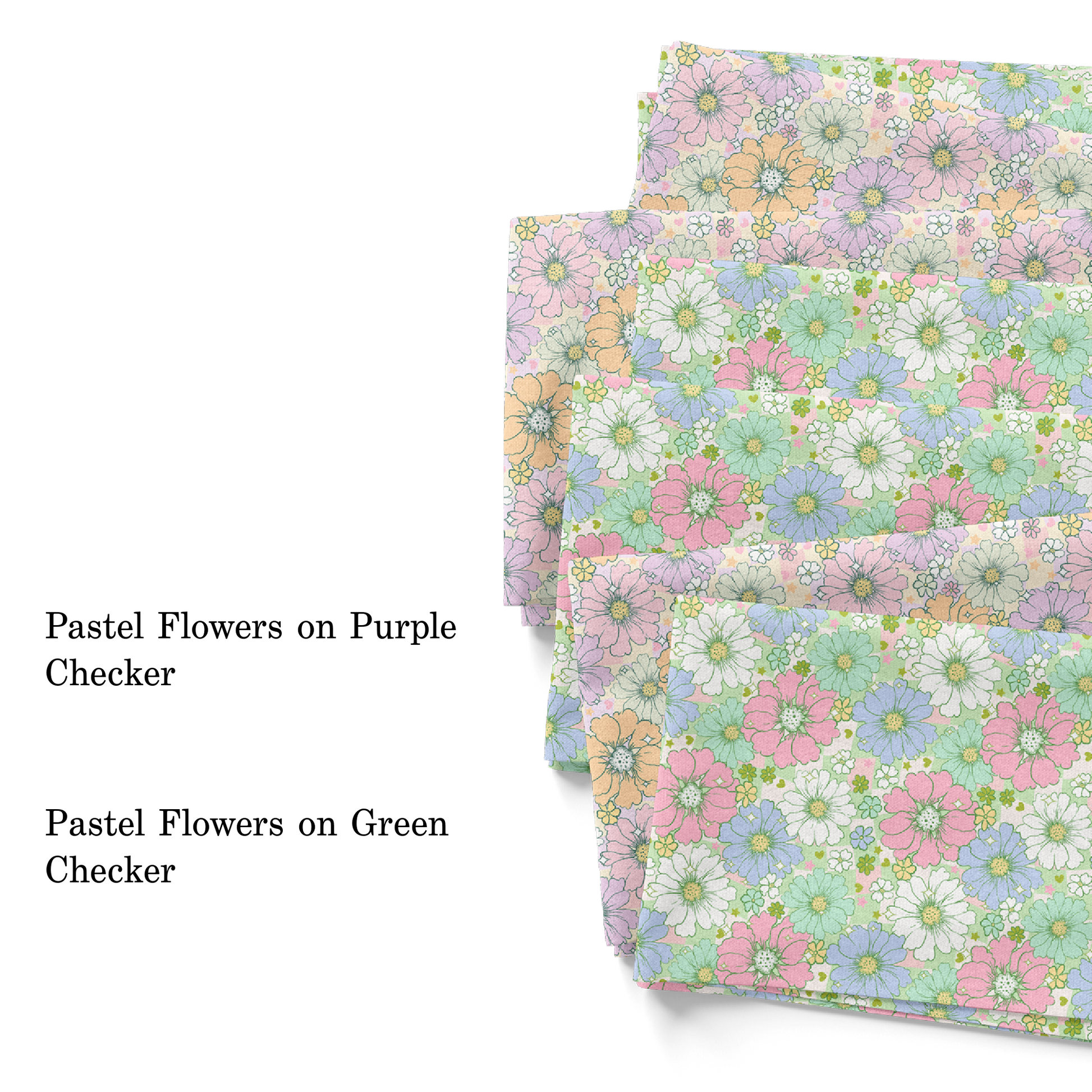 Group photo of the pastel flowers on a pastel checkered pattern fabric by the yard with pattern names.