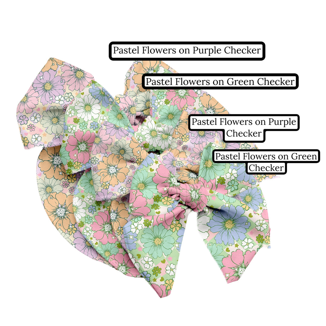 Group photo of the pastel flowers on a pastel checkered pattern hair bow strips with pattern names. 