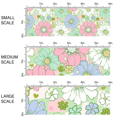 This image has three fabric scales of small, medium, and large scale for the pastel colors in pink, green, blue, and white flowers on a green and cream checker board pattern.