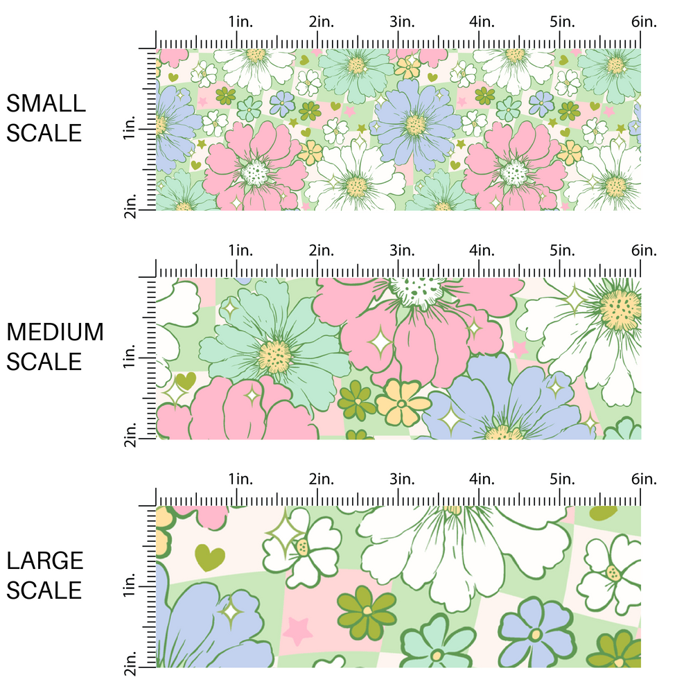 This image has three fabric scales of small, medium, and large scale for the pastel colors in pink, green, blue, and white flowers on a green and cream checker board pattern.