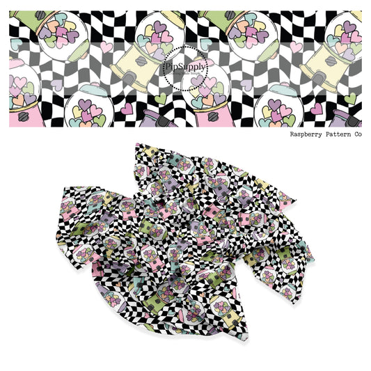 Pastel gumball machine with heart gumballs on black and white checkered hair bow strips