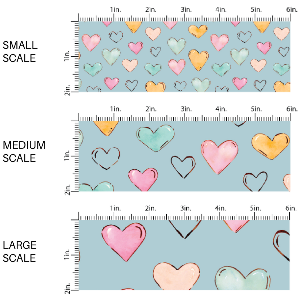 This scale chart of small scale, medium scale, and large scale of these heart themed blue fabric by the yard features light pink, orange, and blue watercolor hearts on baby blue. This fun summer heart themed fabric can be used for all your sewing and crafting needs! 