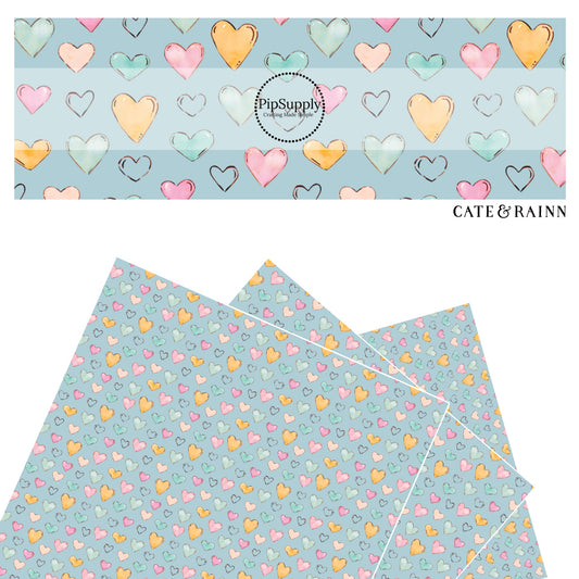 These heart themed blue faux leather sheets contain the following design elements: light pink, orange, and blue watercolor hearts on baby blue. Our CPSIA compliant faux leather sheets or rolls can be used for all types of crafting projects. 