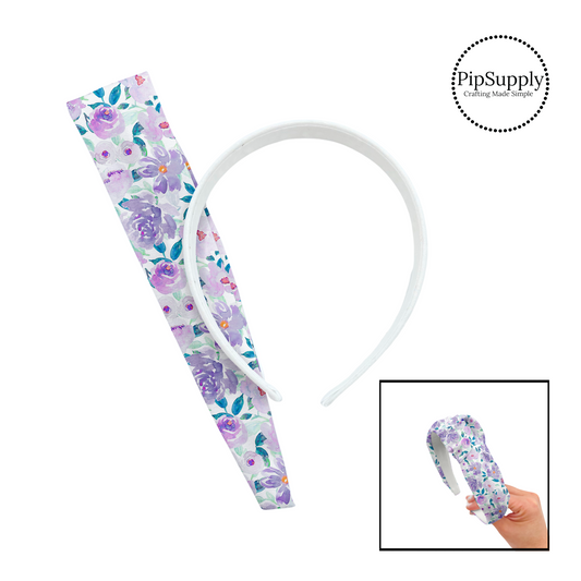 These fun spring and summer floral kits with beautiful leaves and flowers in the color of light blue, teal, purple, and lavender include a custom printed and sewn fabric strip and a coordinating velvet headband.  