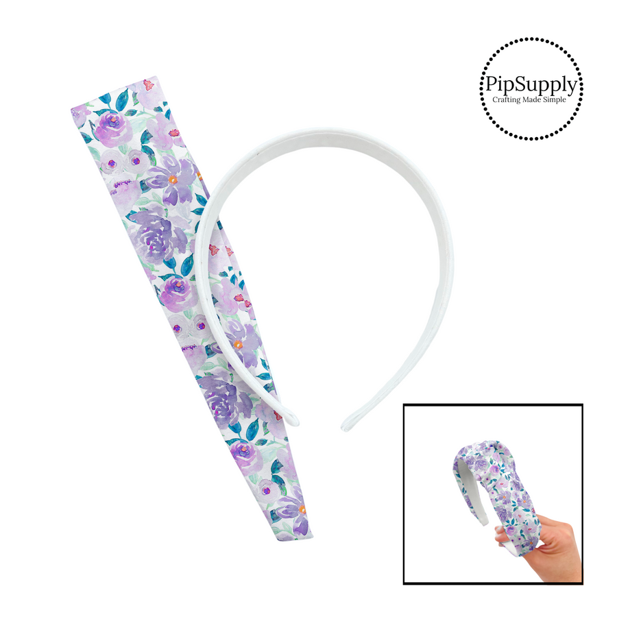 These fun spring and summer floral kits with beautiful leaves and flowers in the color of light blue, teal, purple, and lavender include a custom printed and sewn fabric strip and a coordinating velvet headband.  