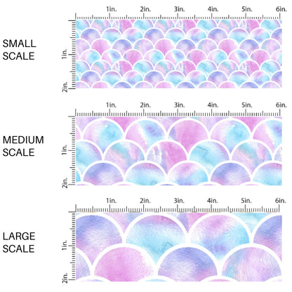 This scale chart of small scale, medium scale, and large scale of this beach fabric by the yard features pink, purple, and blue mermaid scales. This fun summer themed fabric can be used for all your sewing and crafting needs!