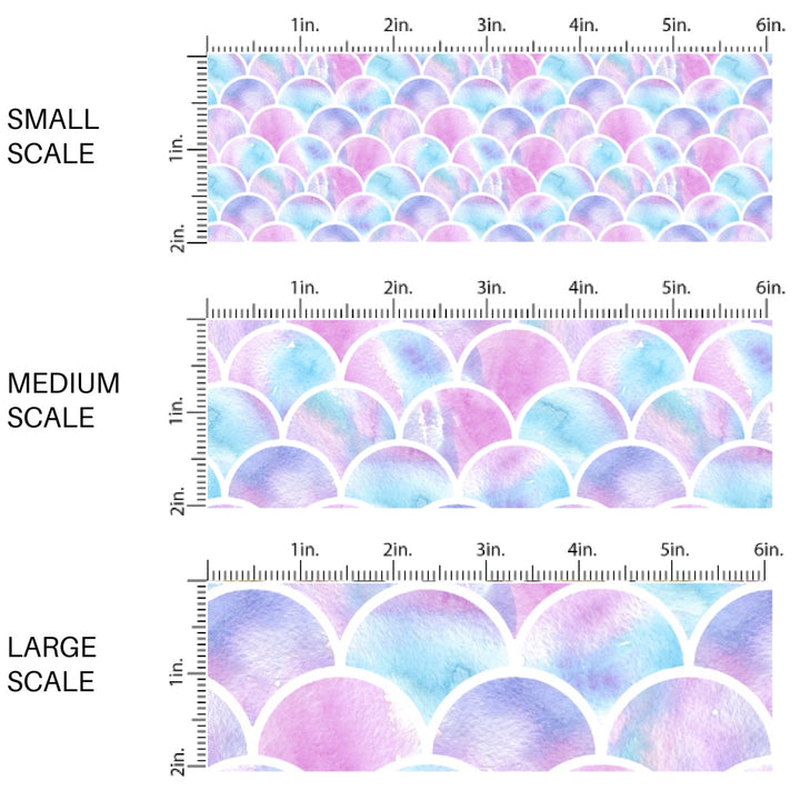 This scale chart of small scale, medium scale, and large scale of this beach fabric by the yard features pink, purple, and blue mermaid scales. This fun summer themed fabric can be used for all your sewing and crafting needs!