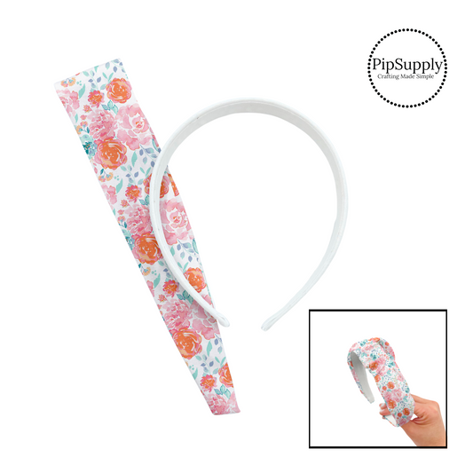These fun spring and summer floral kits with beautiful leaves and flowers in the color of  light pink, peach, light blush, orange, green, purple, and lavender include a custom printed and sewn fabric strip and a coordinating velvet headband.  
