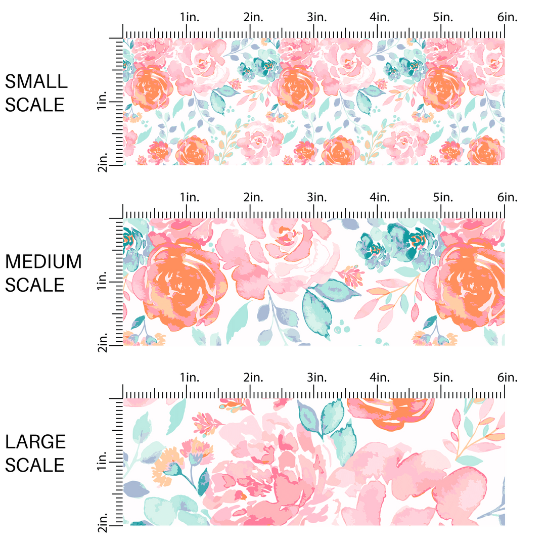 This scale chart of small scale, medium scale, and large scale of these pastel watercolor peonies on white fabric by the yard features light pink, peach, light blush, orange, green, purple, and lavender flowers and leaves. 