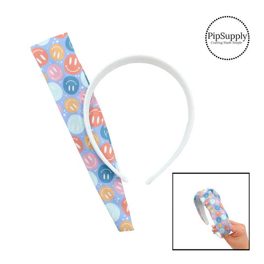 Tiny white stars with pastel blue, pink, and orange smiley faces on periwinkle DIY headband kit. 
