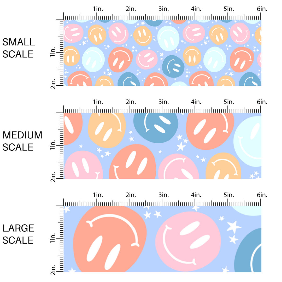 This scale image with small scale, medium scale, and large scale tiny white stars with pastel blue, pink, and orange smiley faces on periwinkle fabric by the yard.