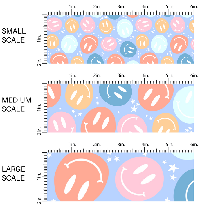 This scale image with small scale, medium scale, and large scale tiny white stars with pastel blue, pink, and orange smiley faces on periwinkle fabric by the yard.