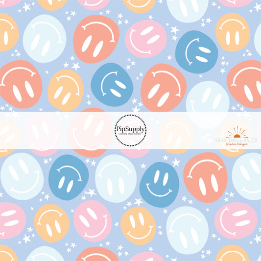 Tiny white stars with pastel blue, pink, and orange smiley faces on periwinkle fabric by the yard. 