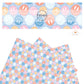 Tiny white stars with pastel blue, pink, and orange smiley faces on periwinkle faux leather sheets.