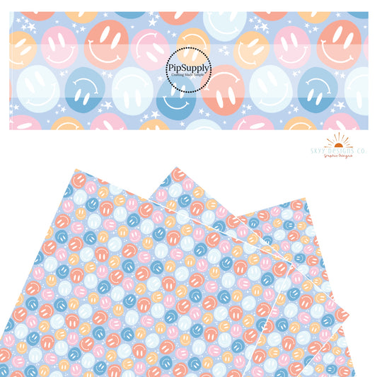 Tiny white stars with pastel blue, pink, and orange smiley faces on periwinkle faux leather sheets.