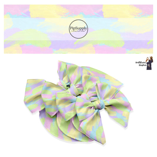 These spring pattern themed no sew bow strips can be easily tied and attached to a clip for a finished hair bow. These patterned bow strips are great for personal use or to sell. These bow strips features pastel pink, yellow, green, purple, and blue paint strokes. 
