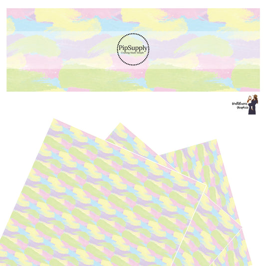 These spring pattern themed faux leather sheets contain the following design elements: pastel pink, yellow, green, purple, and blue paint strokes. Our CPSIA compliant faux leather sheets or rolls can be used for all types of crafting projects.