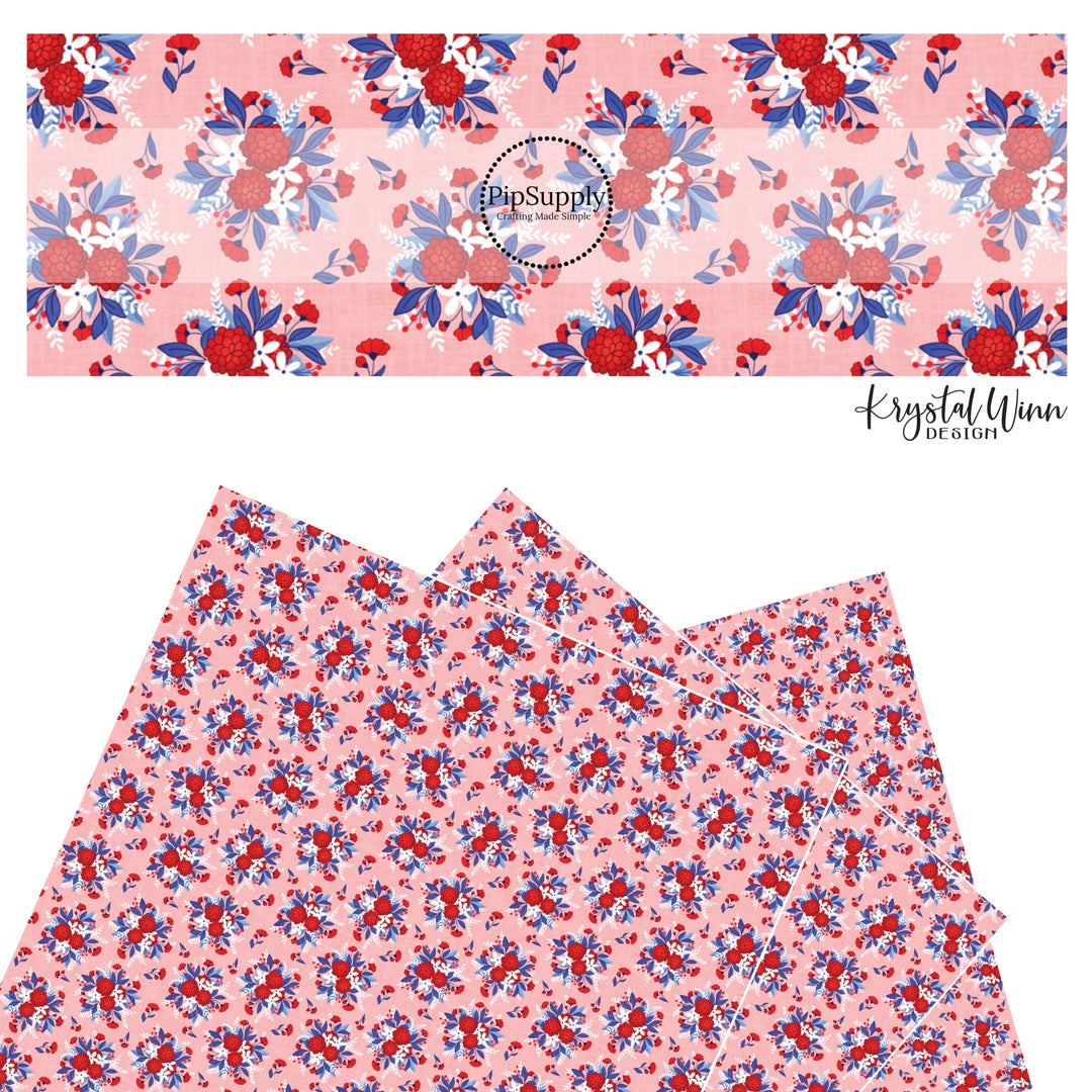 These red, white, and blue floral bouquets on light pink and peach faux leather sheets contain the following design elements: flowers in the colors of royal blue, red, and white.