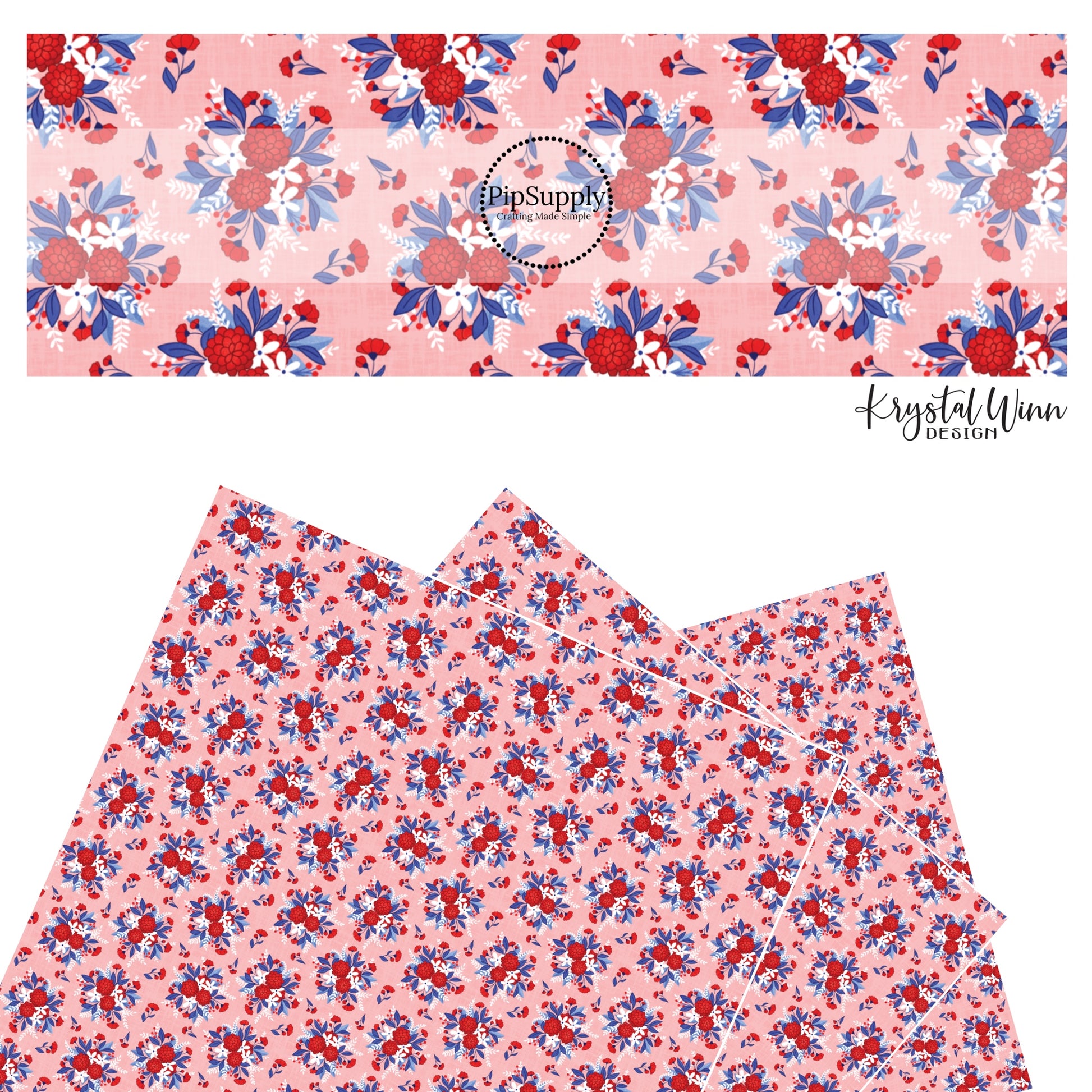 These red, white, and blue floral bouquets on light pink and peach faux leather sheets contain the following design elements: flowers in the colors of royal blue, red, and white.