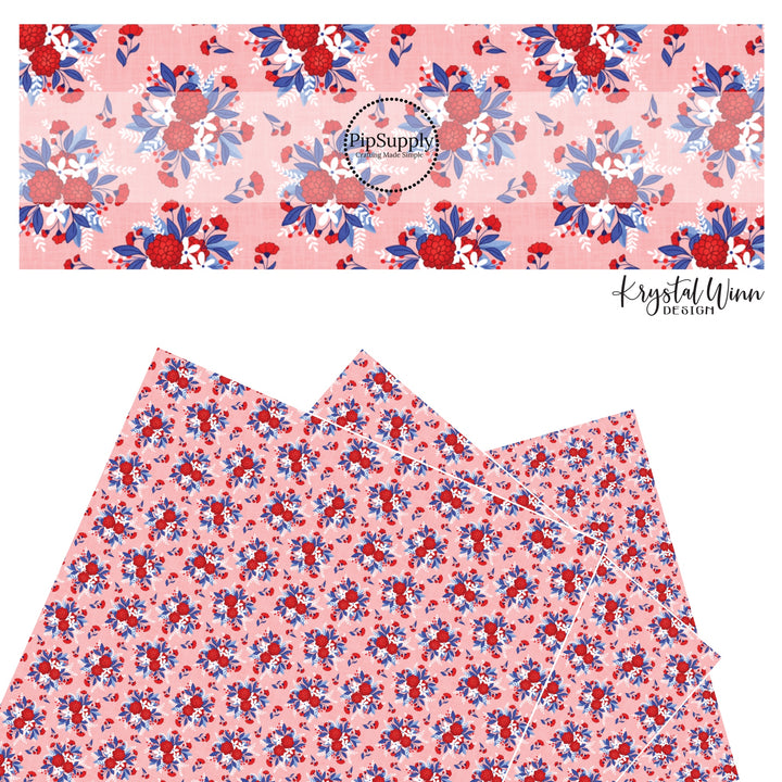 These red, white, and blue floral bouquets on light pink and peach faux leather sheets contain the following design elements: flowers in the colors of royal blue, red, and white.