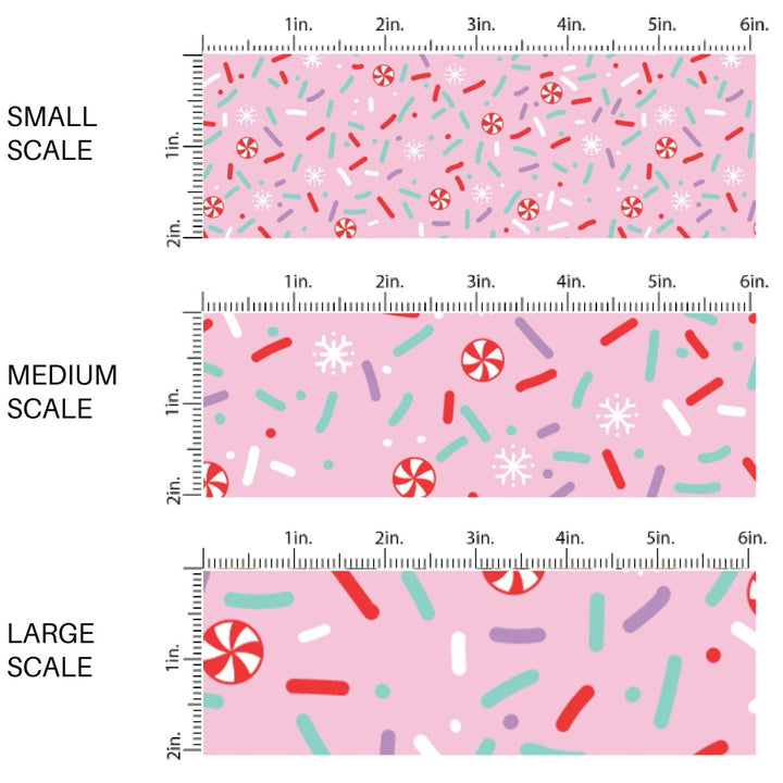 These Christmas themed pattern fabric by the yard features the following design elements: peppermint sprinkles on pink. This fun themed fabric can be used for all your sewing and crafting needs!